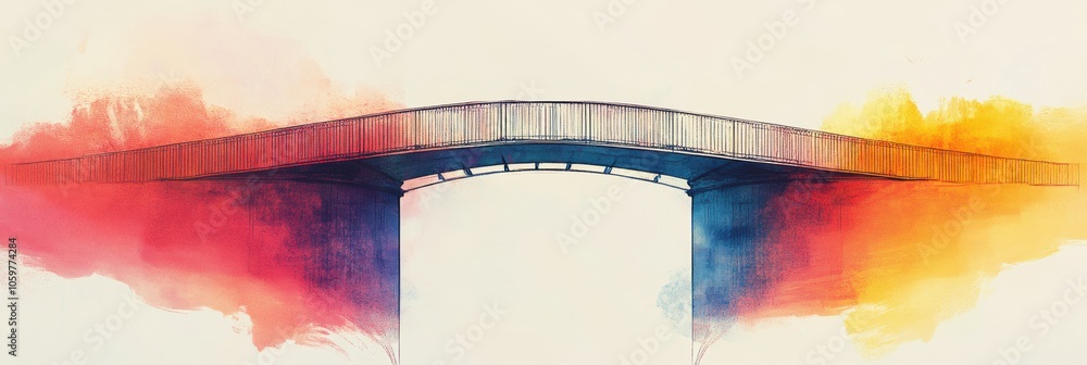 Poster this abstract drawing depicts a bridge arching gracefully, surrounded by colorful splashes, illustra