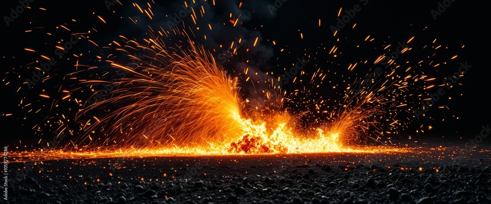 Poster explosive display of fiery sparks erupting in darkness