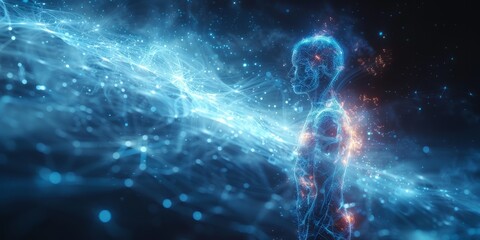Digital silhouette of a human surrounded by flowing data streams, symbolizing network connectivity,
