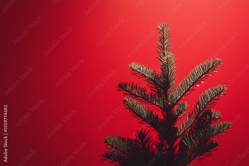 Poster small pine tree against red background with soft lighting, creating striking contrast and minimalist