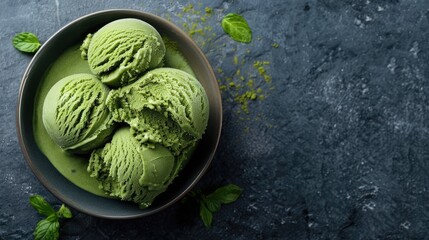 Obraz premium Matcha ice cream in bowl on stone background with space for text.