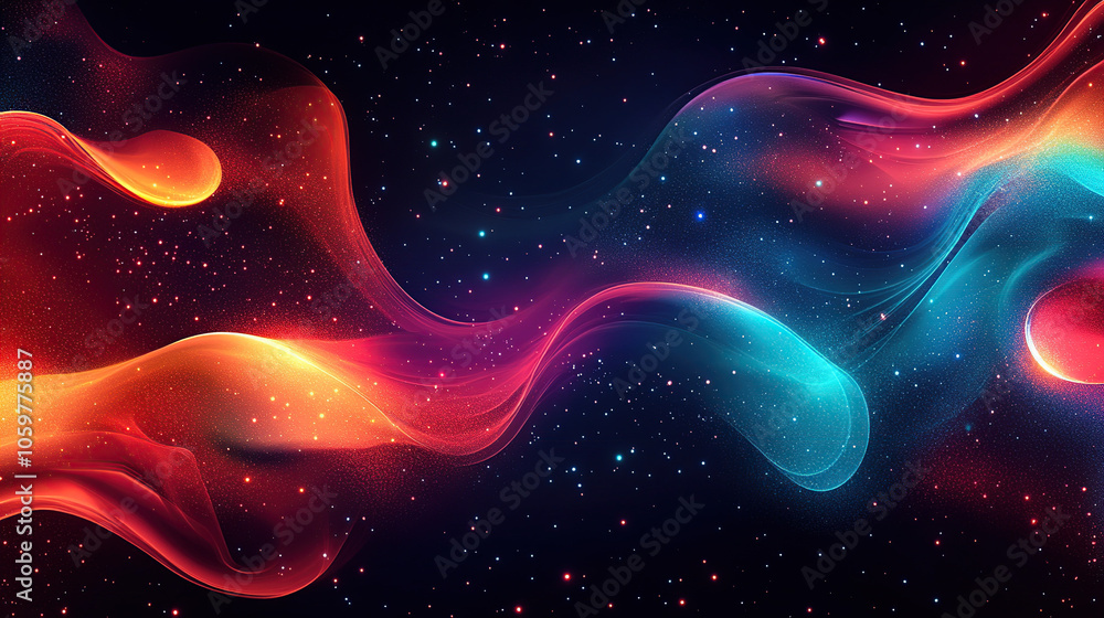 Poster abstract fluid shapes in vibrant colors on a dark background, creating an otherworldly and dynamic w