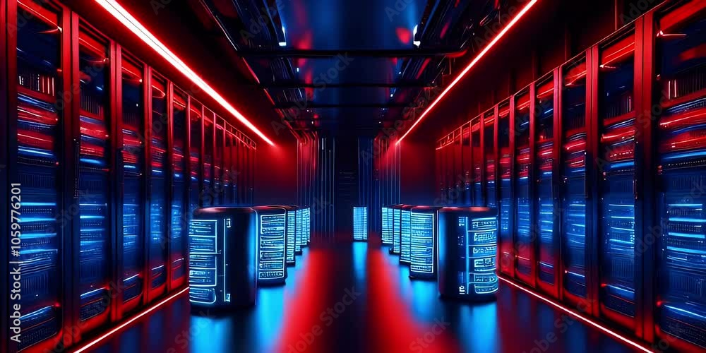 Poster rows of servers in a data center with red and blue neon lights.