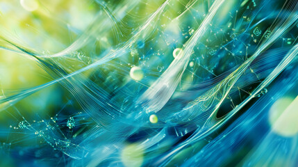 An abstract image featuring flowing green and blue hues with light streaks and bubbles, evoking a sense of fluidity and tranquility, reminiscent of underwater or organic forms in motion.