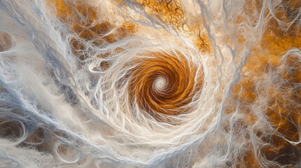 Naklejka premium A swirling vortex of ethereal white and warm orange hues creates a hypnotic spiral, evoking a sense of energy and motion in an abstract, cosmic design, resembling a whirlpool or galaxy.