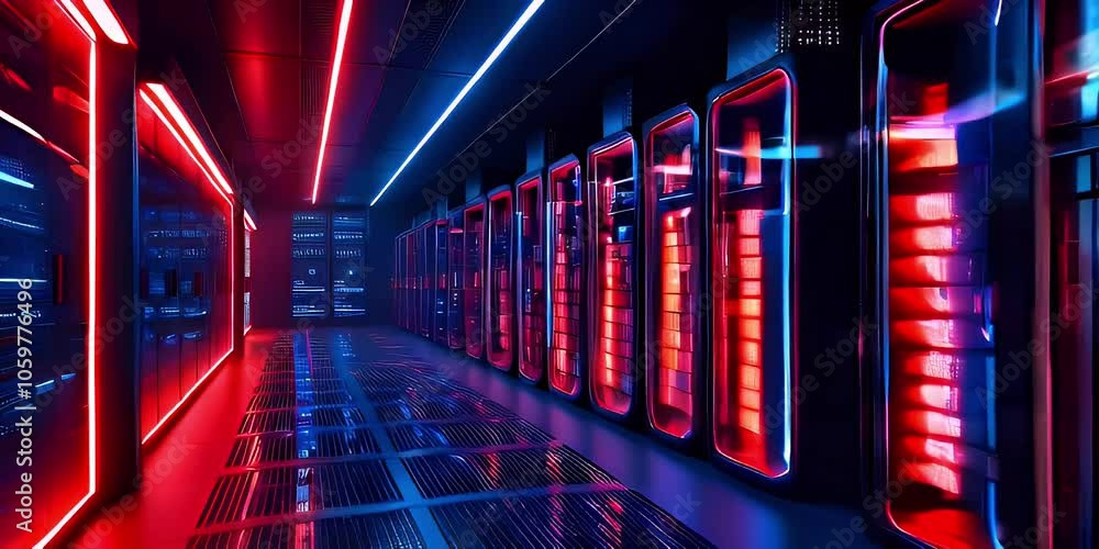 Poster a row of servers in a data center with red and blue neon lights.