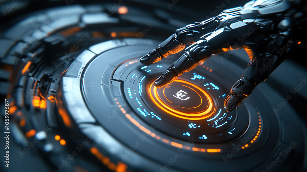 Poster abstract futuristic robot hand touching a digital holographic screen with circular high-tech element