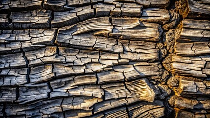 The weathered bark of a tree, displaying an intricate network of cracks and fissures, revealing the story of resilience and time's passage.