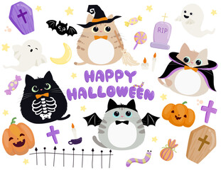 Cute kitten in Halloween costume vector illustration. Cat in different costumes,  vampire, skeleton, witch , pumpkin and bat.  Trick or treat  in flat style design isolated.