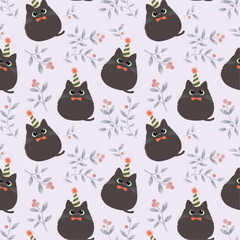 Cute black cat seamless pattern vector illustration. Kitten in flat style design. Party hat and red berry botanical design with purple background.