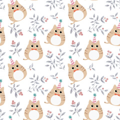 Obraz premium Cute brown cat seamless pattern vector illustration. Kitten in flat style design. Party hat and red berry botanical design.