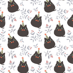 Cute black cat seamless pattern vector illustration. Kitten in flat style design. Party hat and red berry botanical design.