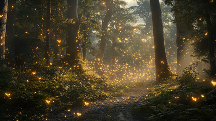 Obraz premium Enchanted forest with glowing fireflies illuminating a misty path, creating a magical and serene atmosphere.