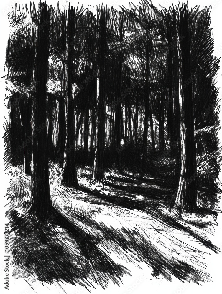 Poster a dense forest sketched in black ink reveals intricate tree details and striking shadows, showcasing