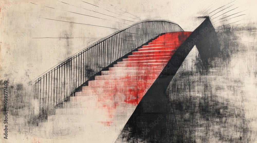 Leinwandbilder the artwork features an abstract bridge design with dynamic lines and a striking red stairway that i