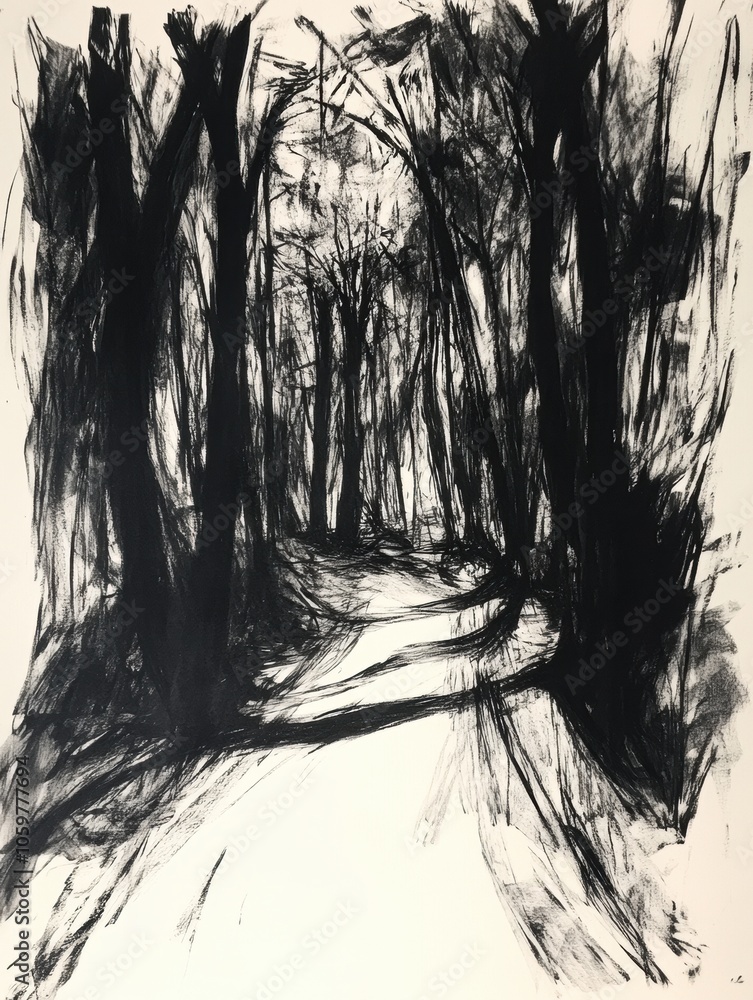 Aufkleber This artwork portrays a dense forest filled with intricately detailed trees and shadows, inviting viewers into its mysterious depths. Generative AI