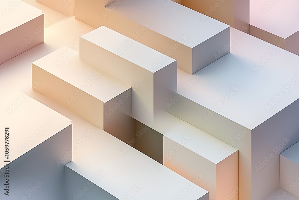 Poster abstract geometric shapes create a dynamic composition with soft lighting in a minimalist style. gen