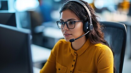 A focused woman in a headset works at a computer, embodying professionalism in a modern office environment.