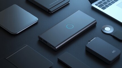 A modern workspace featuring sleek tech gadgets like a laptop, portable charger, and external drives, arranged neatly on a minimalist dark surface.