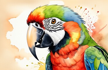 Fototapeta premium Vibrant watercolor parrot portrait with colorful textured feathers and splash background