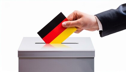 ドイツの国旗の投票用紙を投票する手と投票箱。選挙。(Hand and ballot box voting a ballot paper with the Germany flag on it. election.)
