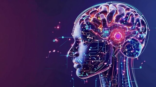 Artificial Intelligence project creating. Abstract concept of cyber technology, machine learning, robot and cybernetic brain 3d animation. Drawing digital scheme line of futuristic idea