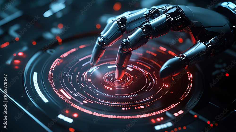 Poster abstract futuristic robot hand touching a digital holographic screen with circular high-tech element