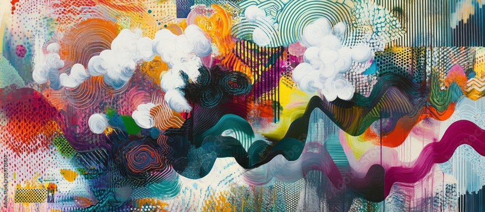 Poster abstract painting with vibrant colors, white clouds, and swirling patterns, creating a dynamic and e