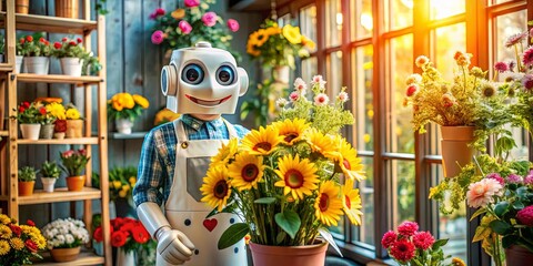 Fototapeta premium A cheerful robot wearing an apron and a friendly face holds a bouquet of sunflowers in a flower shop, surrounded by other vibrant blossoms and a warm, sunlit atmosphere.