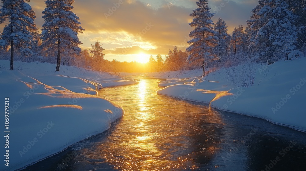 Poster golden sunlight illuminates a snow-covered river, creating vibrant reflections. surrounding trees st