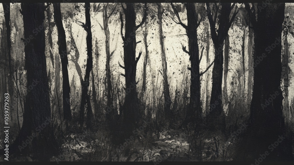 Poster A dense forest comes alive with intricate tree details and dramatic shadows, creating a mysterious ambiance in nature's embrace. Generative AI