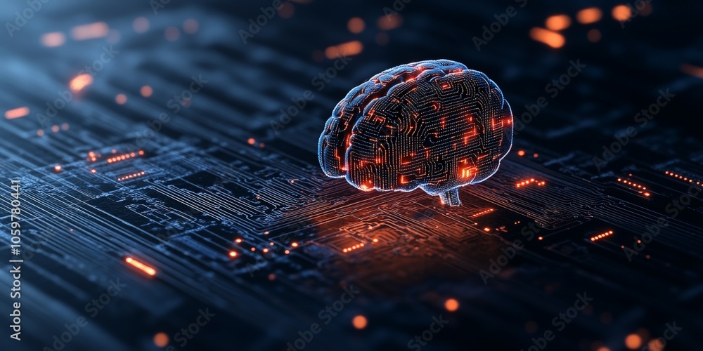 Poster a digital representation of a glowing brain sits atop a circuit board, symbolizing the fusion of art