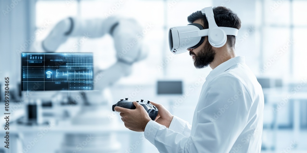 Poster a scientist wearing a virtual reality headset operates in a high-tech laboratory, combining scientif