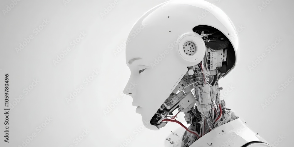 Poster a close-up of a futuristic humanoid robot showcases its mechanical internal circuits, representing t