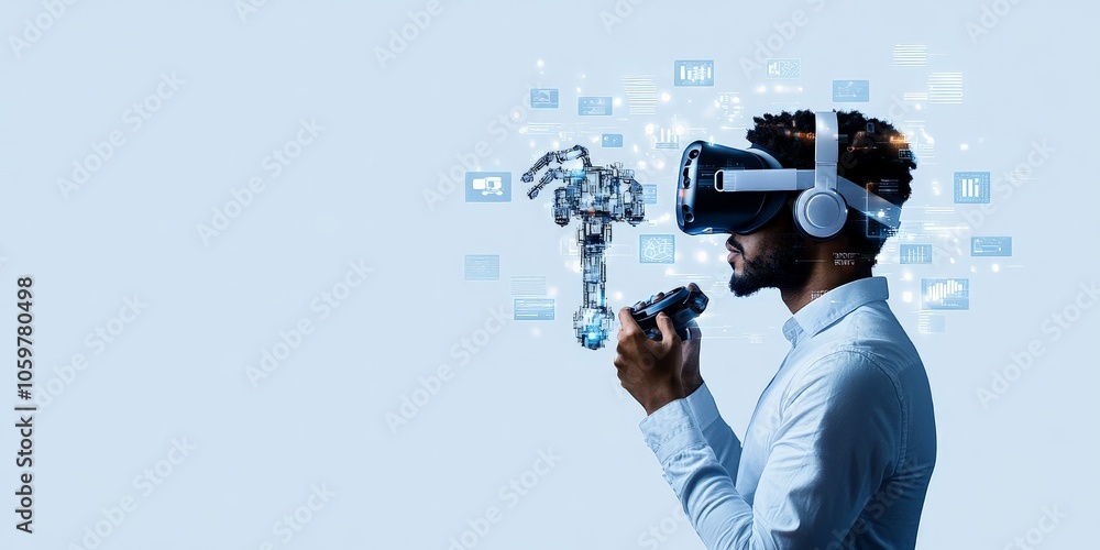 Poster a man in a white shirt uses vr goggles while holding a controller, interacting with virtual robotic 