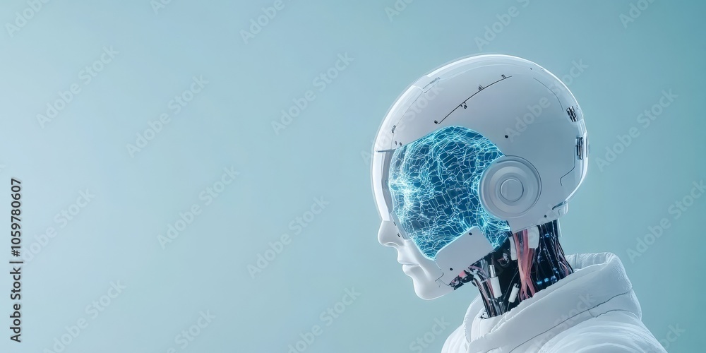 Poster A futuristic humanoid robot with a translucent digital brain showcasing blue neural patterns, highlighting advanced AI and technology integration in robots.