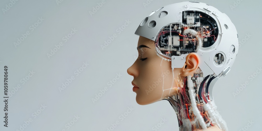 Poster a side profile of a futuristic humanoid with visible cybernetic and mechanical internal structures, 