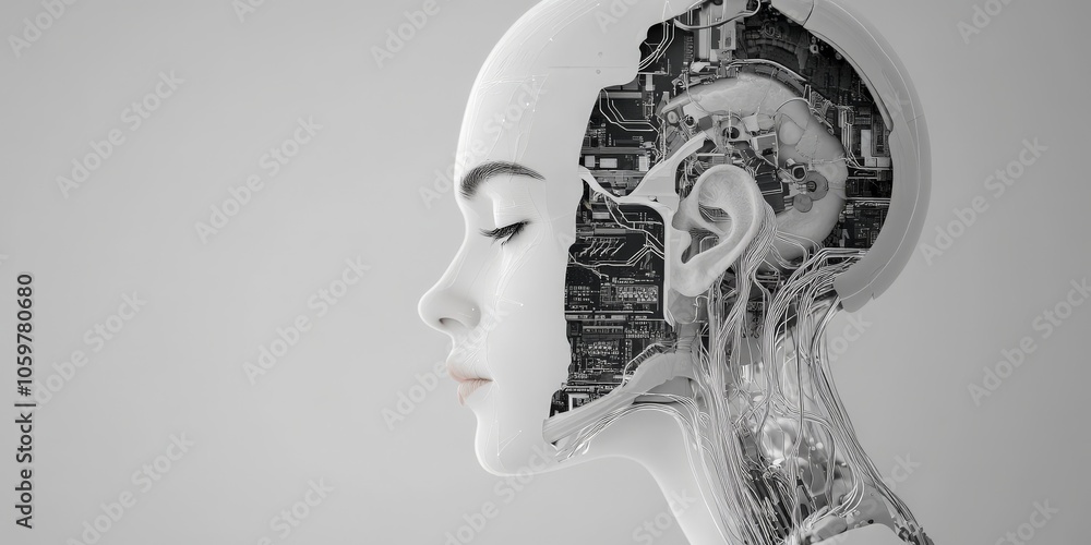 Poster a side profile image of a half-human, half-robot entity showcases intricate electronic circuits and 