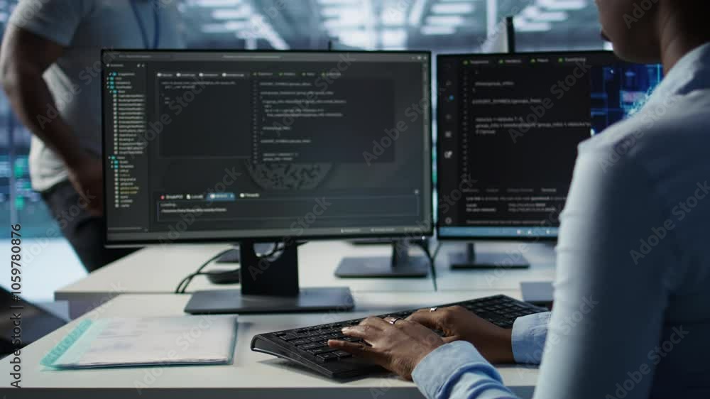 Poster data center admin using pc to find misconfigurations affecting rackmounts performance. person checki