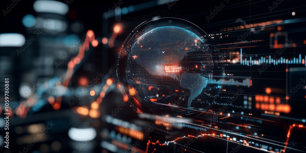 Poster a 3d globe surrounded by cyber lines and data metrics, represents the integration of digital informa