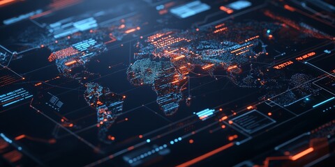 Obraz premium A high-tech world map illustrated with digital data points and topography lines represents global connectivity and technological advancement in a futuristic era.