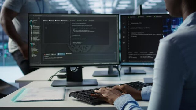 Data center admin using PC to find misconfigurations affecting rackmounts performance. Person checking servers bottlenecks leading to sluggish data transfer rates and malfunctions, camera B close up