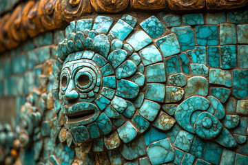 Aztec turquoise mosaic art on a ceremonial artifact.