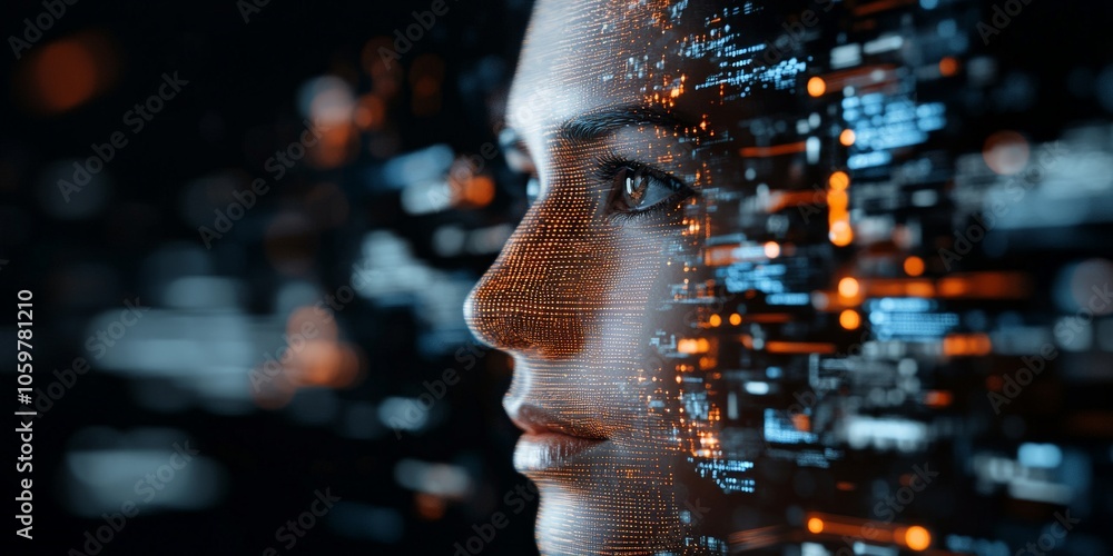 Poster side profile of a digital face, reflecting the integration of technology with human identity, expres