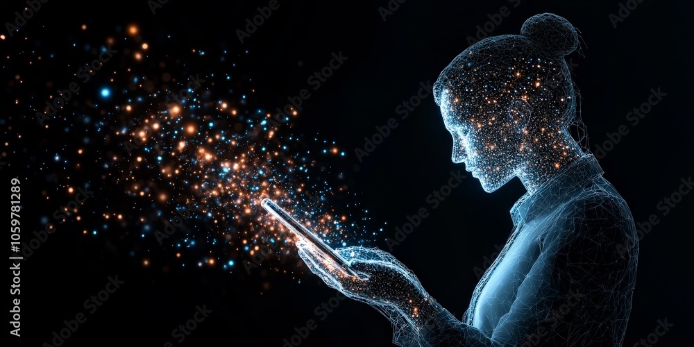 Poster a digital representation of a woman holding a tablet as a stream of glowing particles flow from the 
