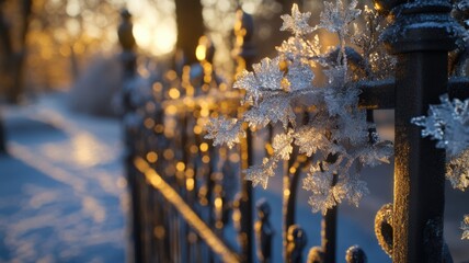 Frosty Iron Fence with Golden Sunset Glow