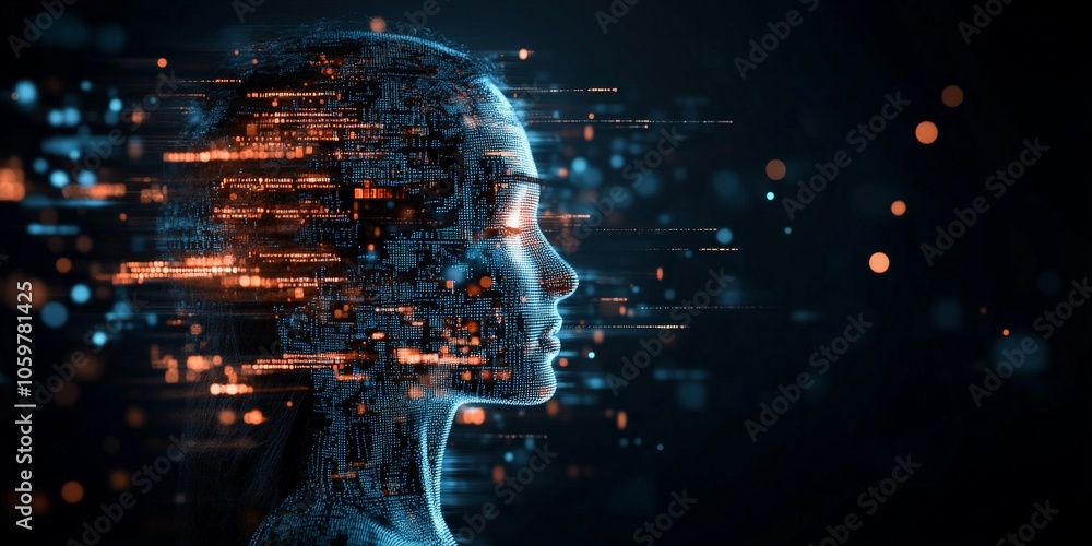 Poster a digital human head featuring cascading data particles, representing the evolution of data processi