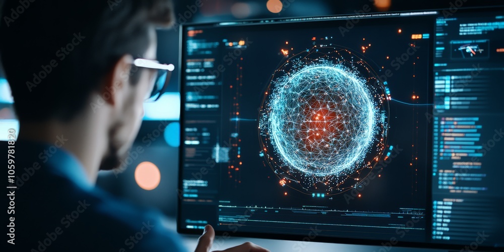Poster a man is observing a sophisticated digital sphere composed of interconnected networks, symbolizing g