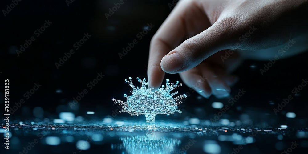 Poster a delicate touch between a finger and a virtual tree composed of digital data branches, symbolizing 