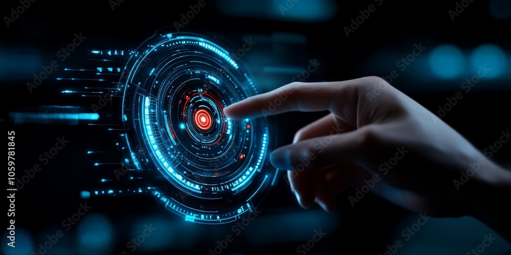 Poster a person's finger is pointing to a high-tech digital interface displaying a concentric target, epito